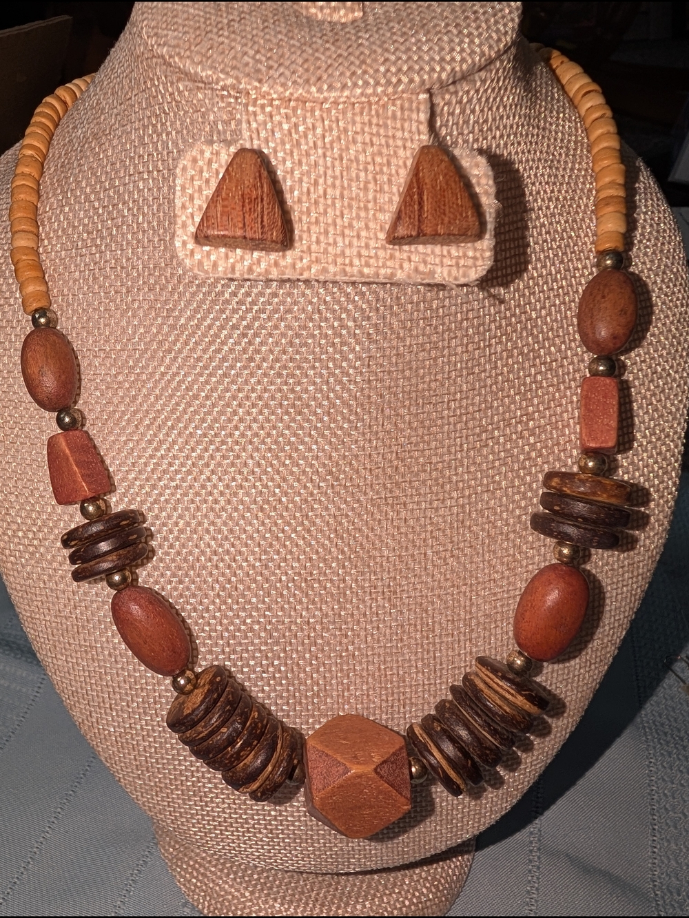 Handcrafted Wooden Bead Necklace and Earring Set - Brown